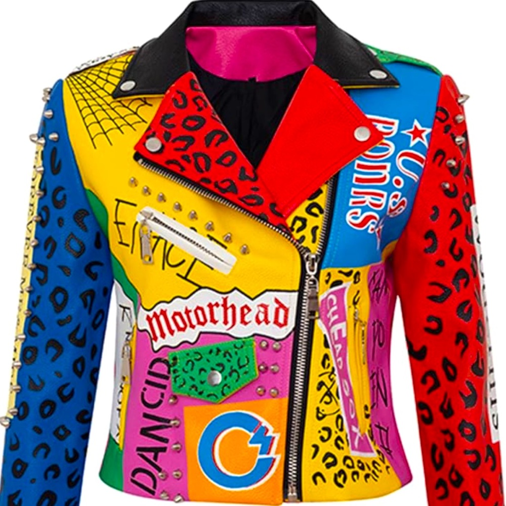 OOH LA LA COUTURE LADIES PUNK ROCK GRAFFITI PRINT STUD JACKET - Med /NWOT
